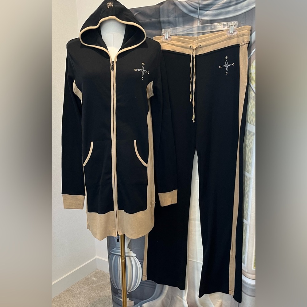 BCBG Maxazria Size:L Jogger Set Two-Tone Zip-Up Hoodie /Pants  100% Cotton